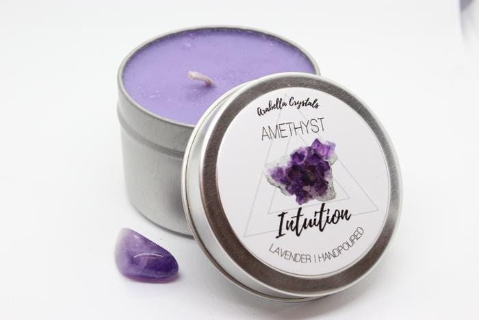 SCENTED CRYSTAL CANDLE with Hidden Crystal Inside/ Amazonite, Amethyst, Fluorite, Pyrite, Rose Quartz