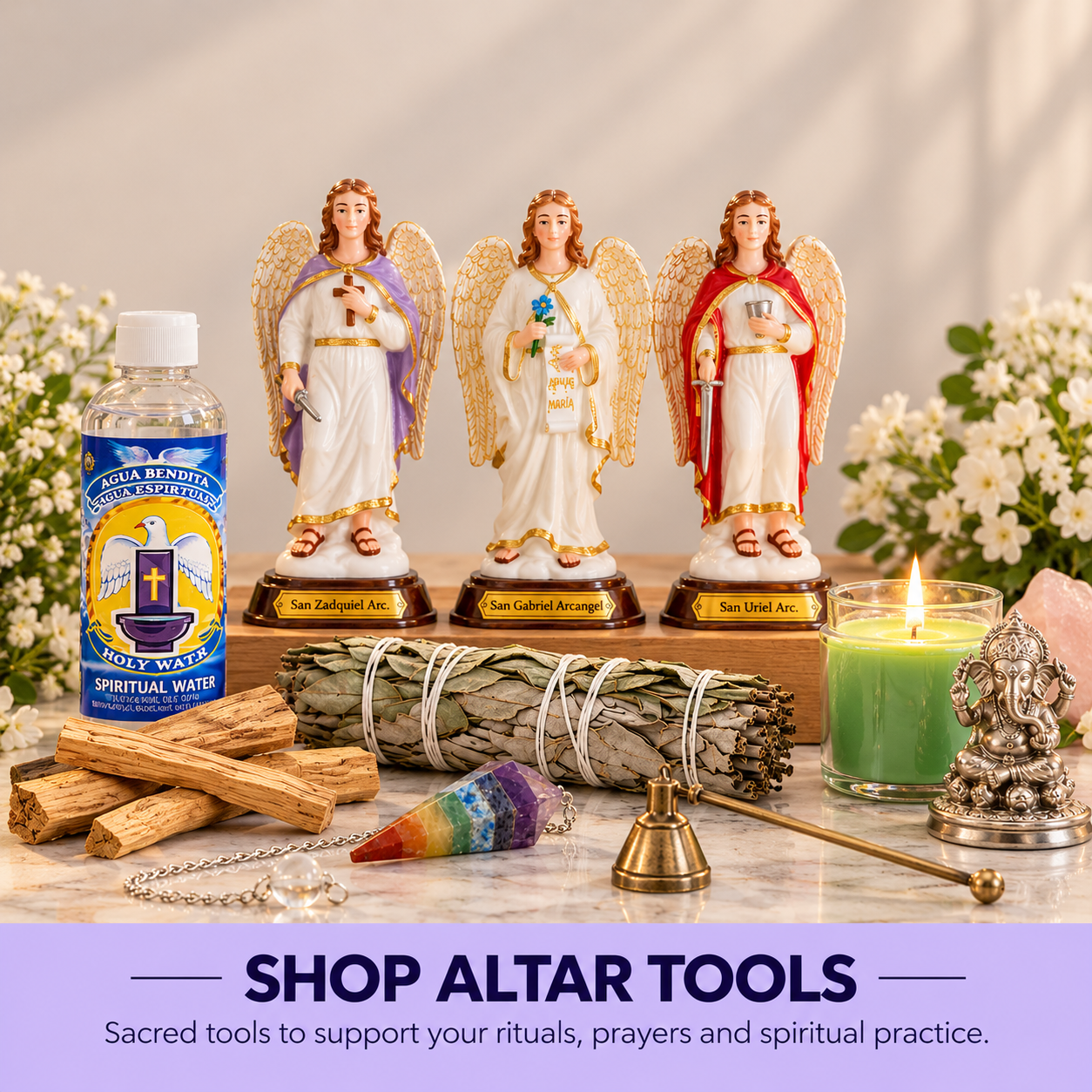 altar tools spiritual supplies sage palo santo holy water crystals saints angels